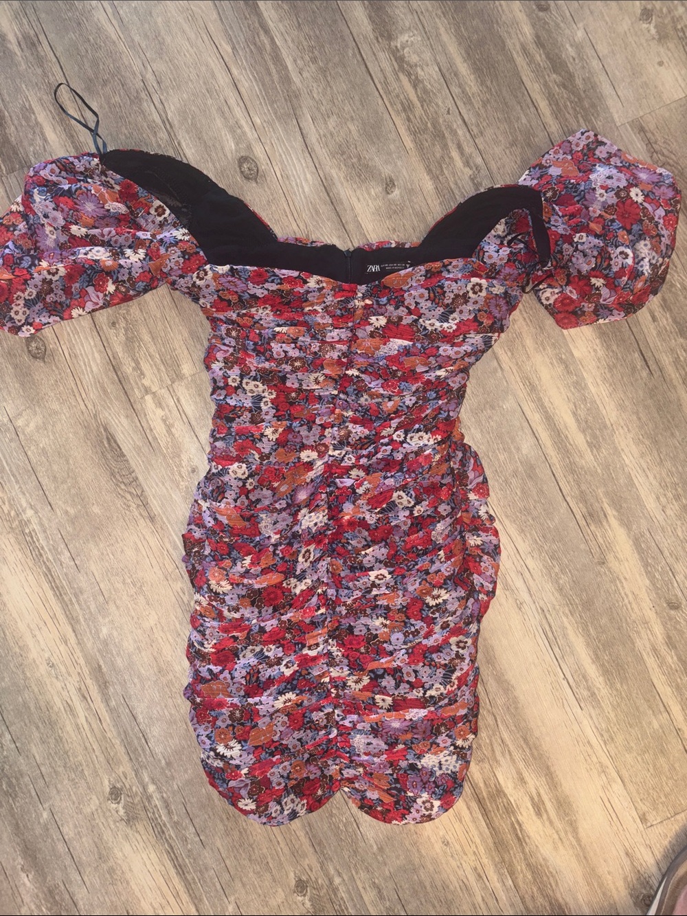 Zara Red & Purple Floral Puff-Sleeve Mini Dress